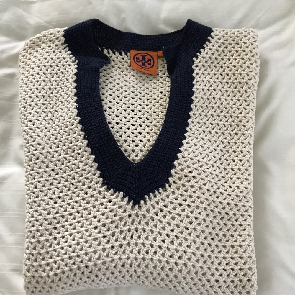 Tory Burch Crocheted Tunic V-Neck Pullover Loose Knit Sweater Size S